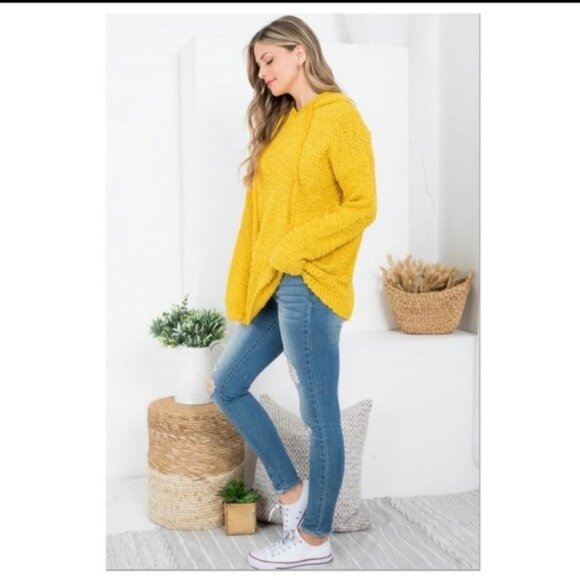 Womens Mustard Yellow Fuzzy Knit Hooded Pullover Sweater W/Drawstring & Long - Picture 5 of 7
